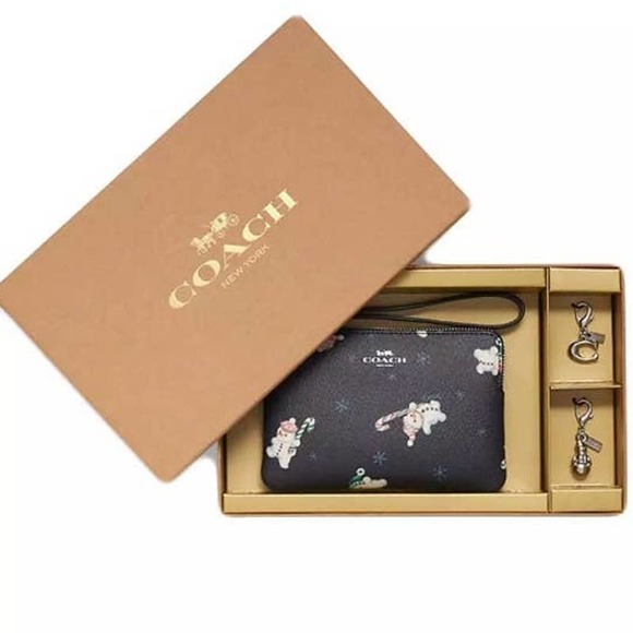 Coach Handbags - Coach Boxed Corner Zip Wristlet With Snowman Print With 2 keychains Midnight NWT